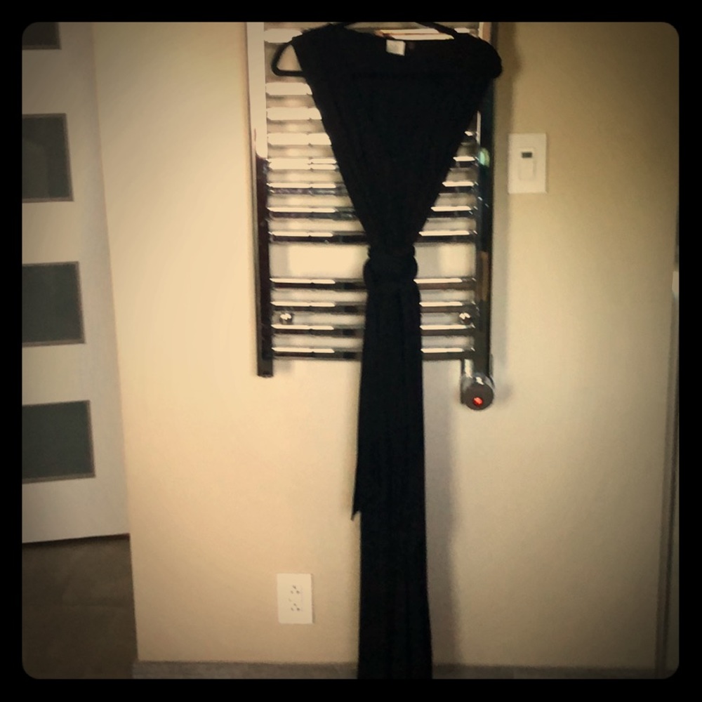 Long black jersey dress.